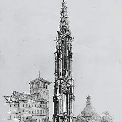 Der Cholerabrunnen (auch Gutschmid-Brunnen) auf dem Wilsdruffer Platz (heute: Postplatz) mit Turmhaus und Zwinger im Hintergrund