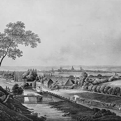 Blick auf Dresden von der Dölzschener Höhe (im Vordergrund rechts Dorf Plauen, links der Reisewitzsche Garten mit dem Wasserschlößchen)