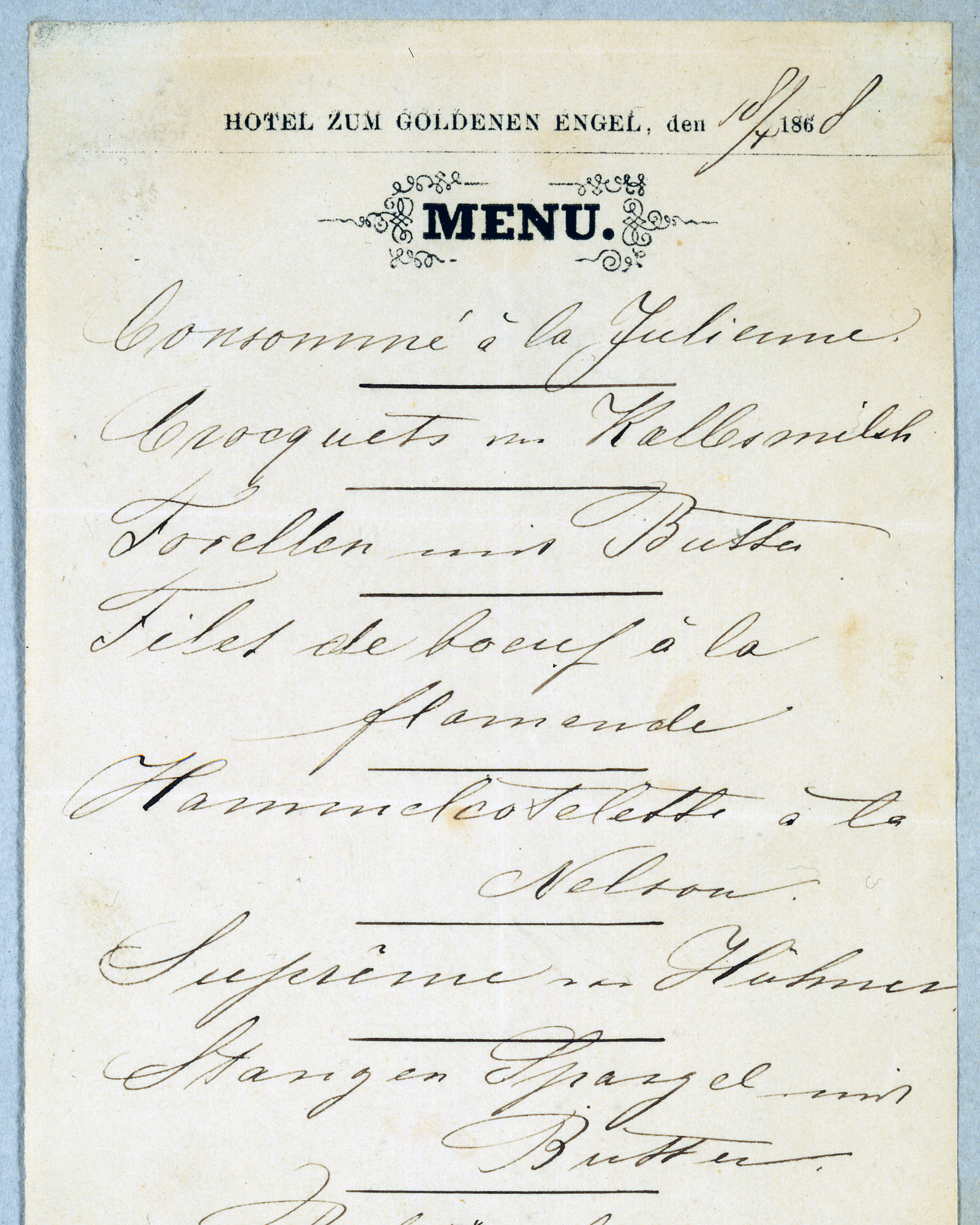 Menükarte für den 18. April 1868 im "Hotel zum Goldenen Engel" in Dresden, I/Seite 49 rechts