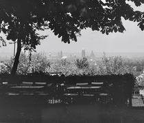 Dresden, Ortsteil Zschertnitz, Blick vom Biergarten des Ausflugslokals "Paradiesgarten" auf die Altstadt
