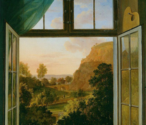 Durchblick durch ein ge&ouml;ffnetes Fenster der Villa Grassi im Plauenschen Grund bei Dresden, 1807, &Ouml;l auf Leinwand