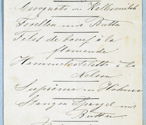 Men&uuml;karte f&uuml;r den 18. April 1868 im "Hotel zum Goldenen Engel" in Dresden, I/Seite 49 rechts