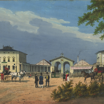 Ansicht vom Alten Leipziger Bahnhof in Dresden, Lithographie, um 1840 Ansicht vom Alten Leipziger Bahnhof in Dresden, Lithographie, um 1840